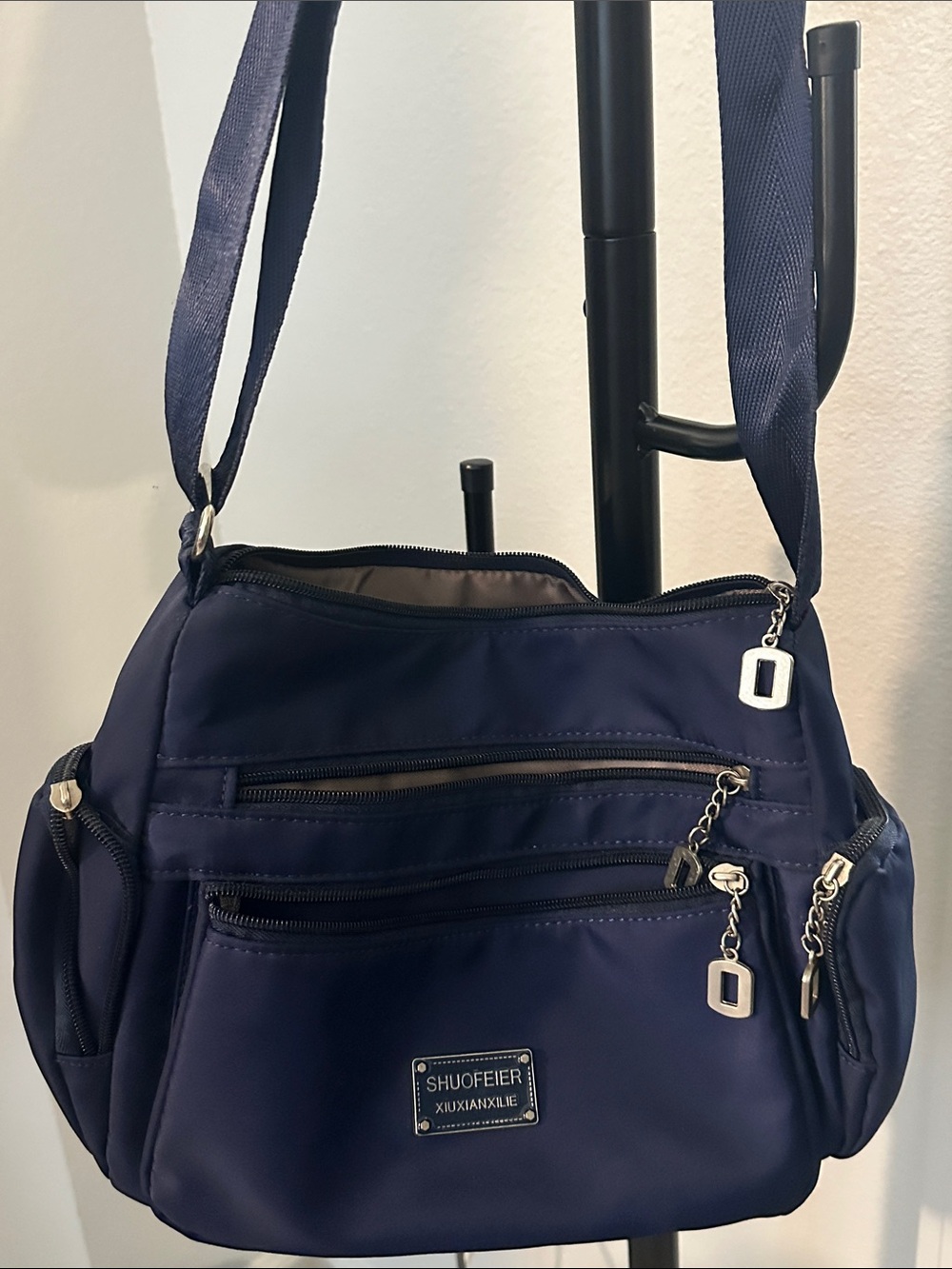 Navy Crossbody Bag with Multiple Zip Pockets
